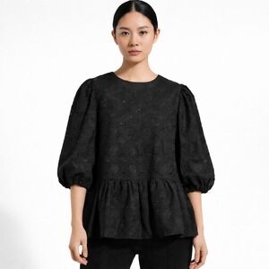 Nanette Lepore Peplum Top M Black Sheer Floral Puff Sleeve dark Romance Feminine